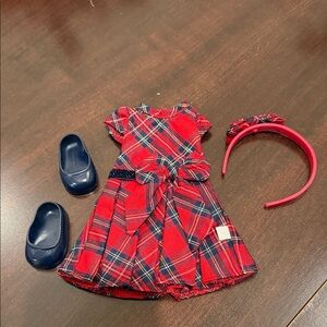 WellieWishers American Girl Pretty Plaid dress with shoes/headband. EUC.